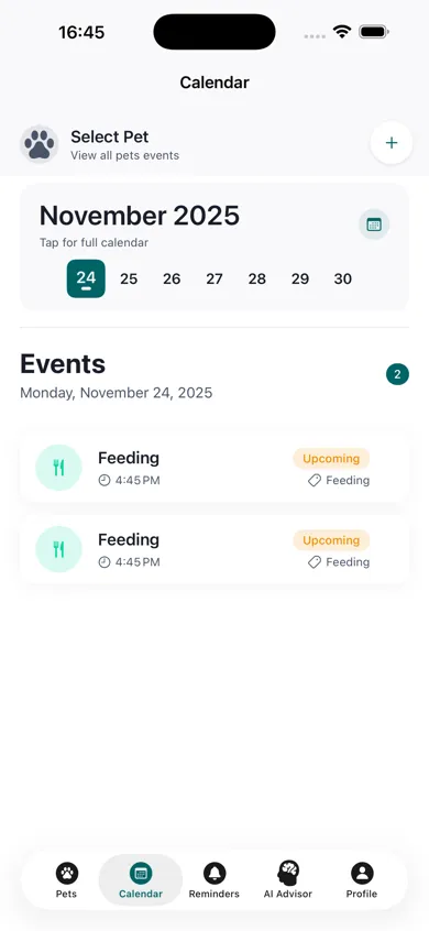 Pettify app - Calendar view with events and appointments