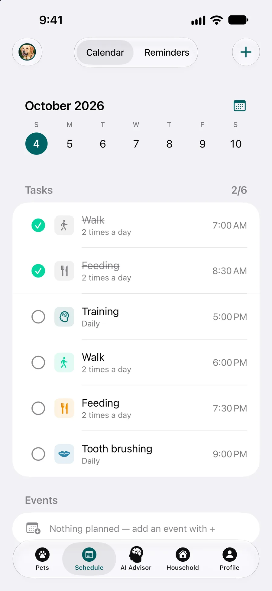 Pettify app - Calendar with today’s care tasks, two of them ticked off