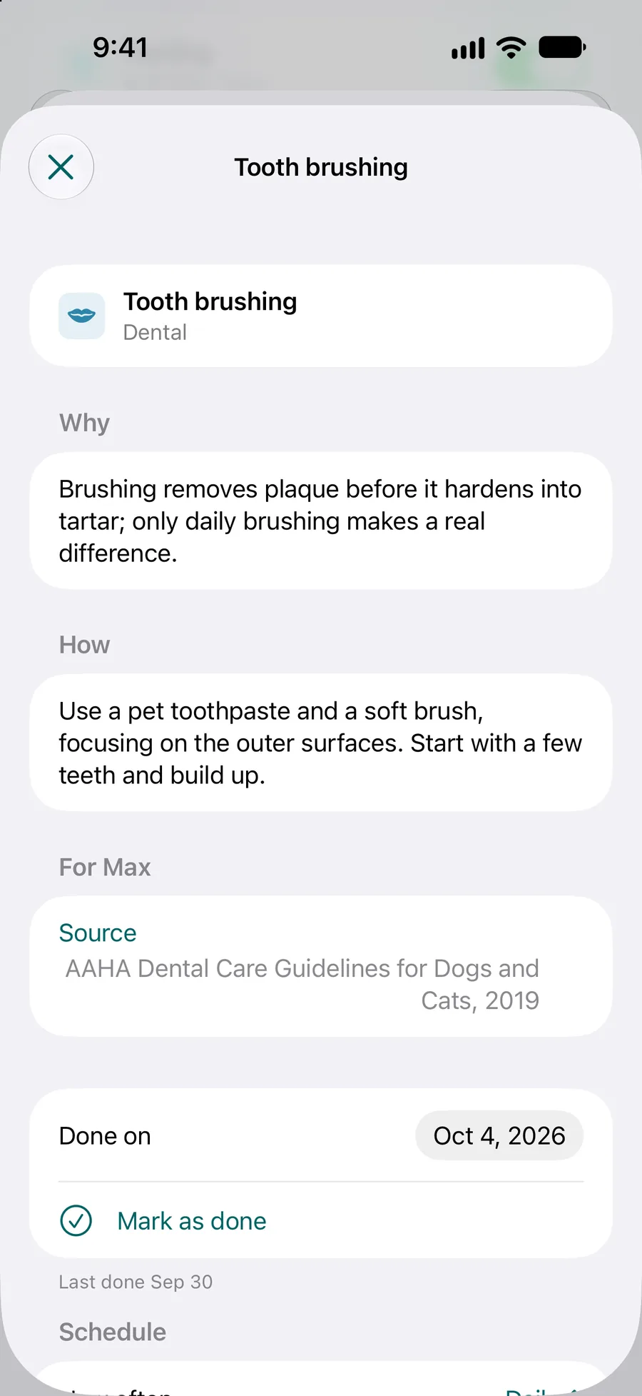 Pettify app - A care plan task with a Mark as done button and its schedule