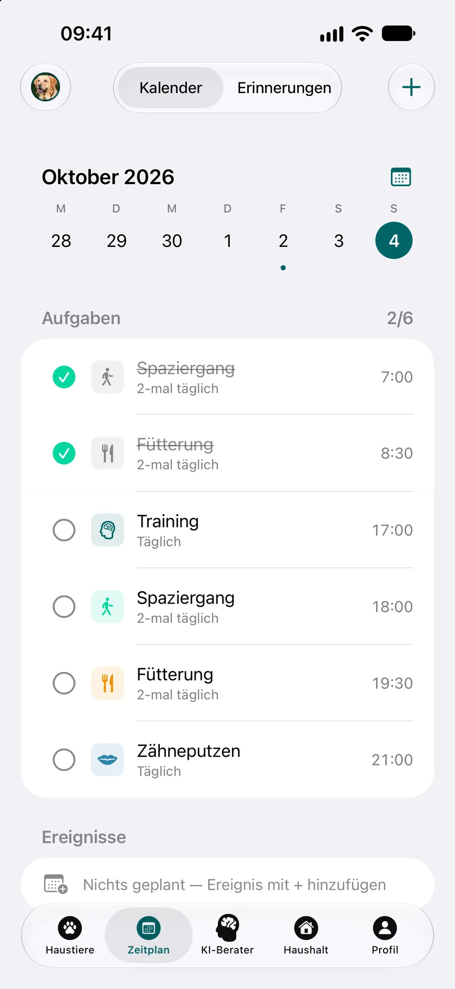 Pettify-App – Kalender mit den Pflegeaufgaben für heute, zwei davon abgehakt