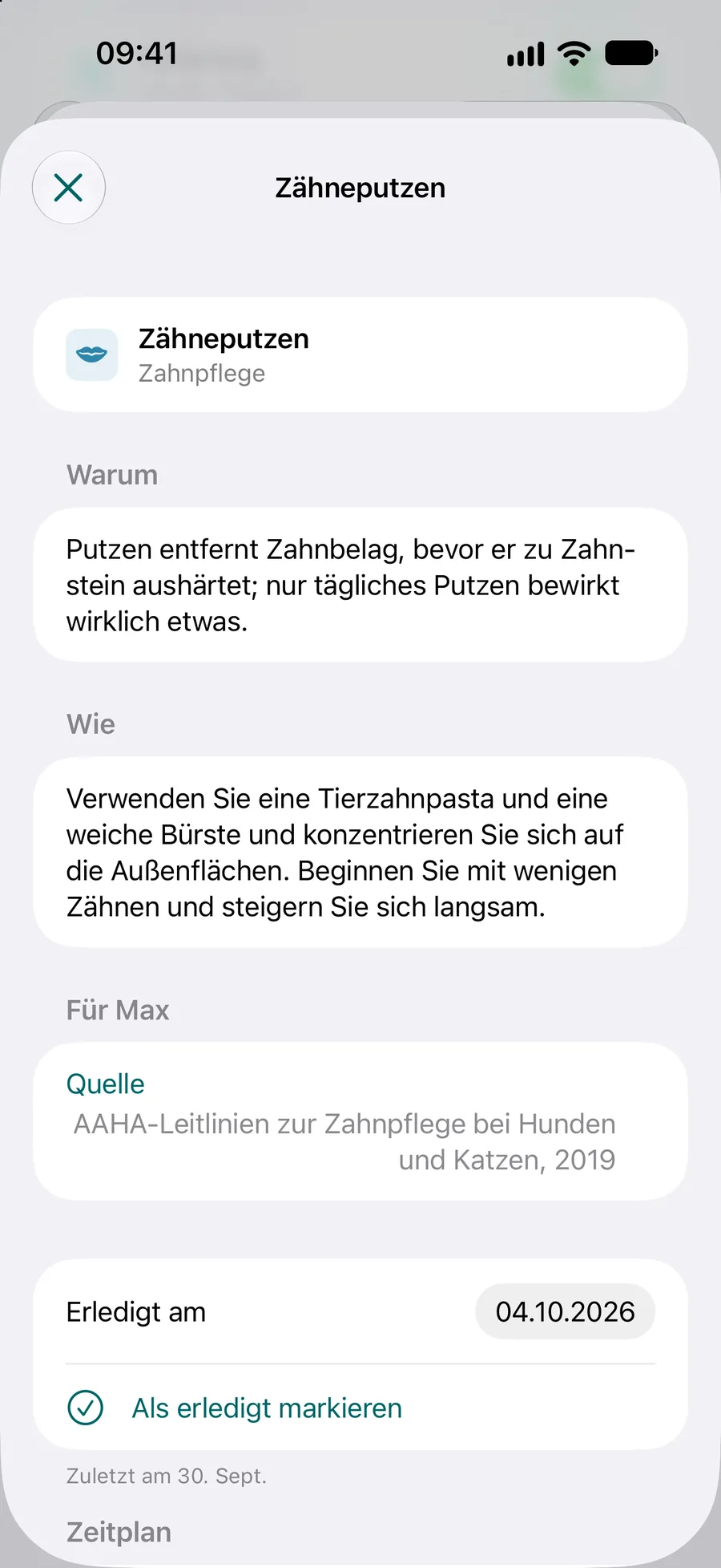 Pettify-App – Aufgabe im Pflegeplan mit der Schaltfläche „Als erledigt markieren“ und ihrem Zeitplan
