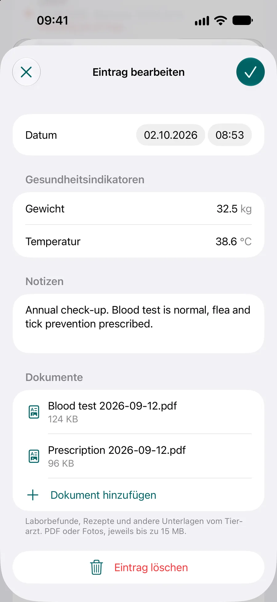 Pettify-App – Gesundheitseintrag mit 32,5 kg Gewicht, 38,6 °C Temperatur, einer Notiz und zwei PDF-Dokumenten