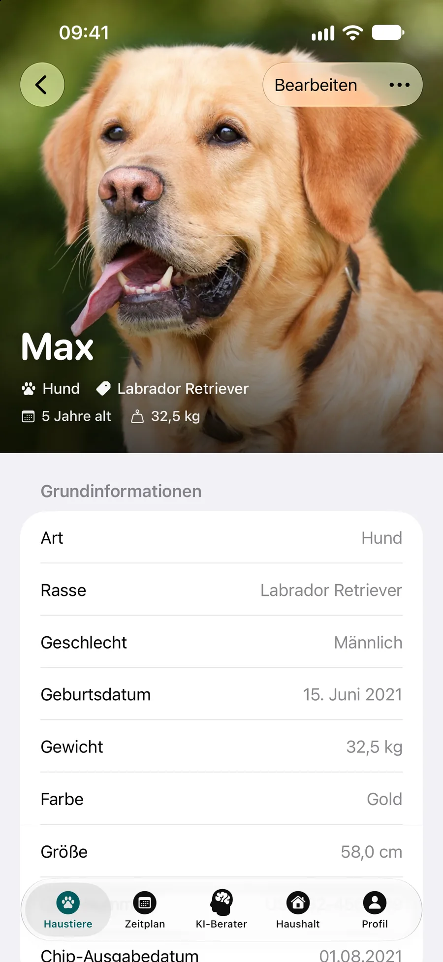 Pettify-App – Profil von Max, einem fünfjährigen Labrador Retriever mit 32,5 kg