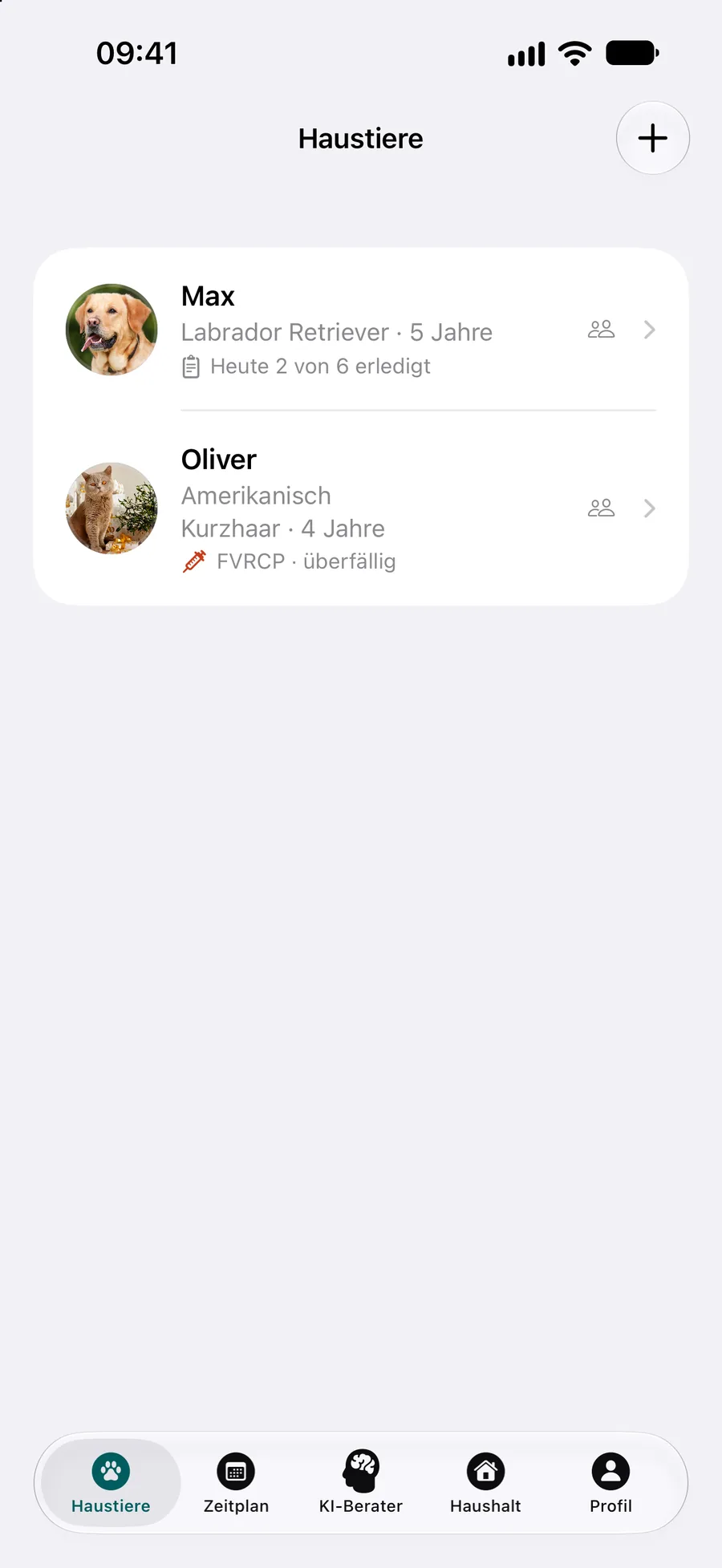 Pettify-App – Haustierliste, in der die FVRCP-Impfung der Katze als überfällig markiert ist