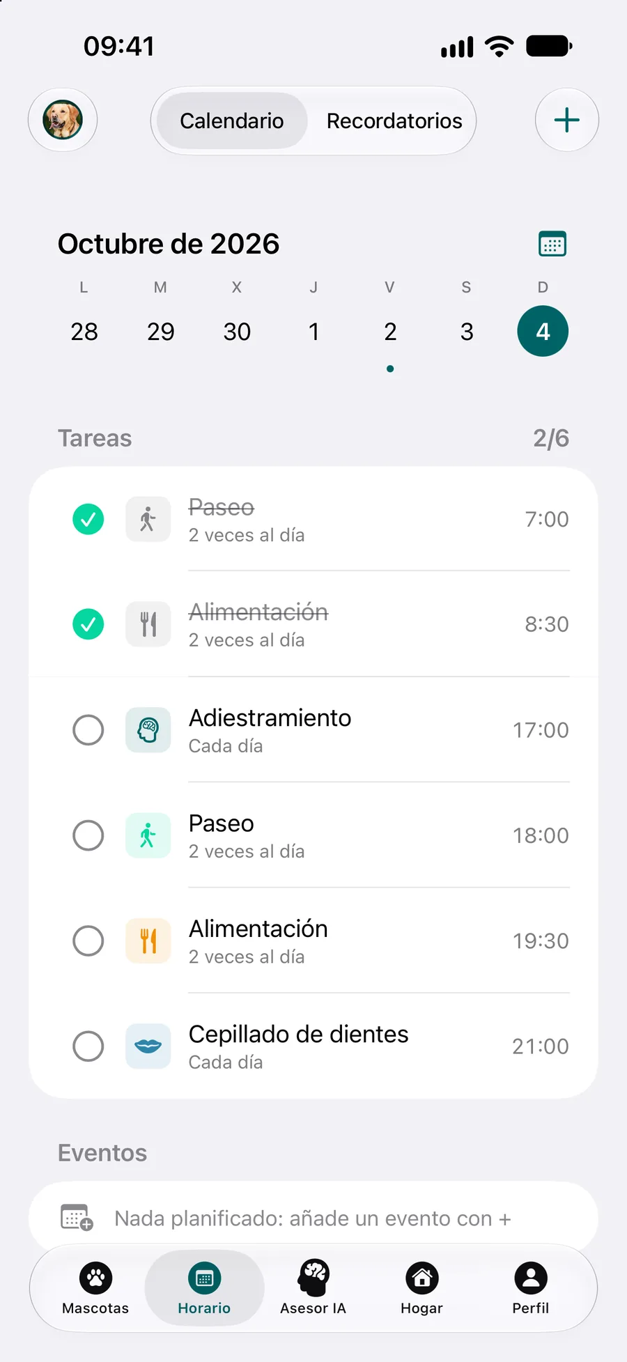 App Pettify: calendario con las tareas de cuidado del día y sus horas