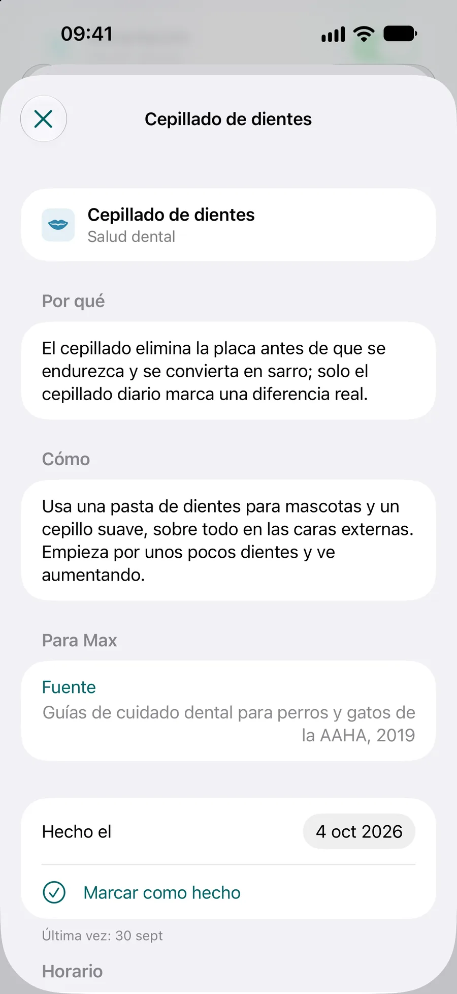 App Pettify: tarea del plan de cuidados con el botón Marcar como hecho y su horario
