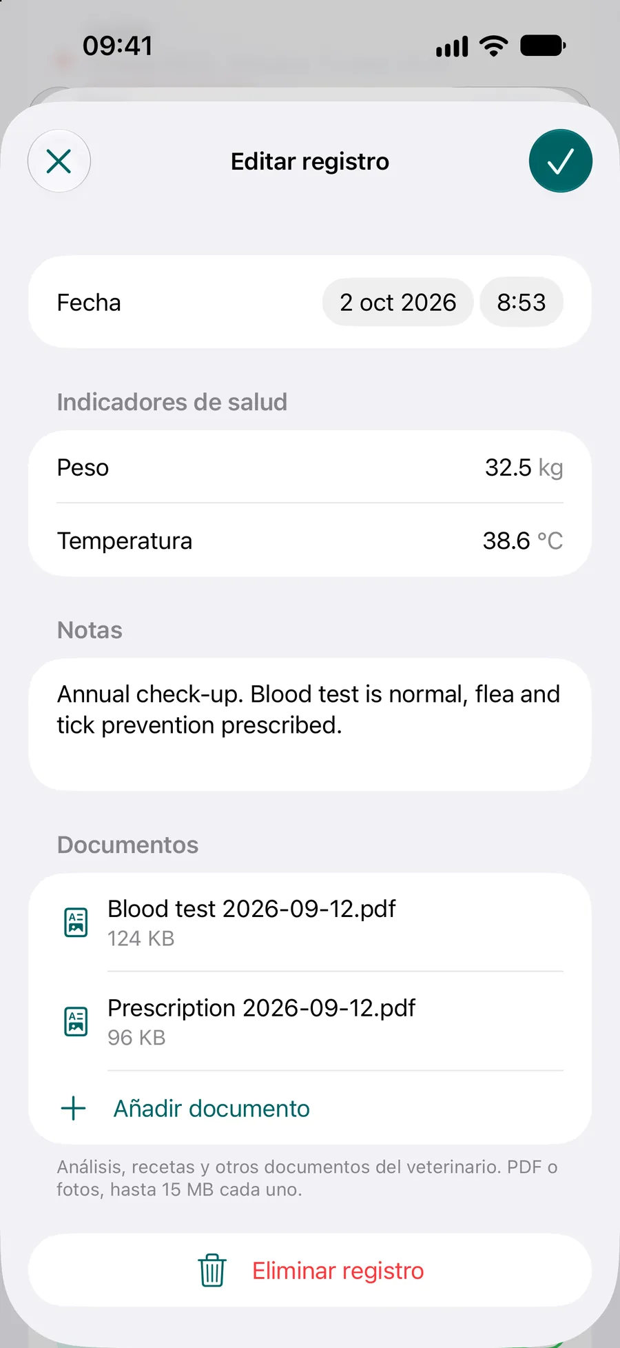 App Pettify: registro de salud con peso, temperatura, una nota y dos documentos PDF adjuntos