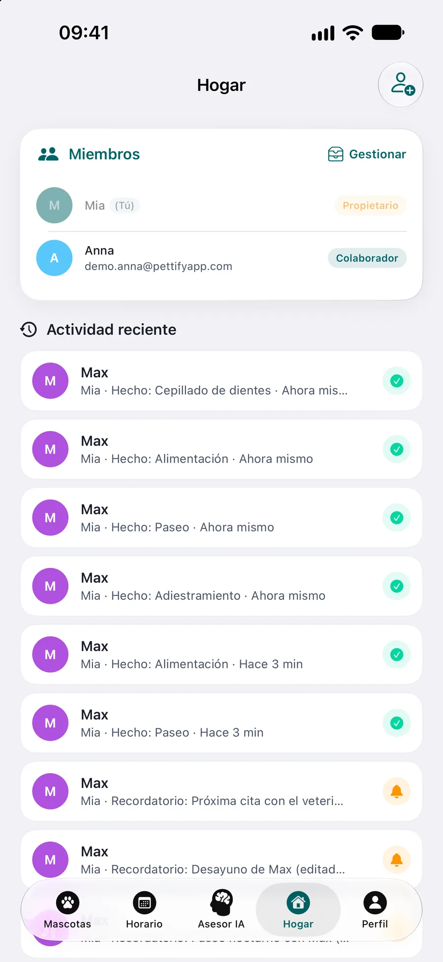 App Pettify: pantalla Hogar con los miembros y la actividad reciente