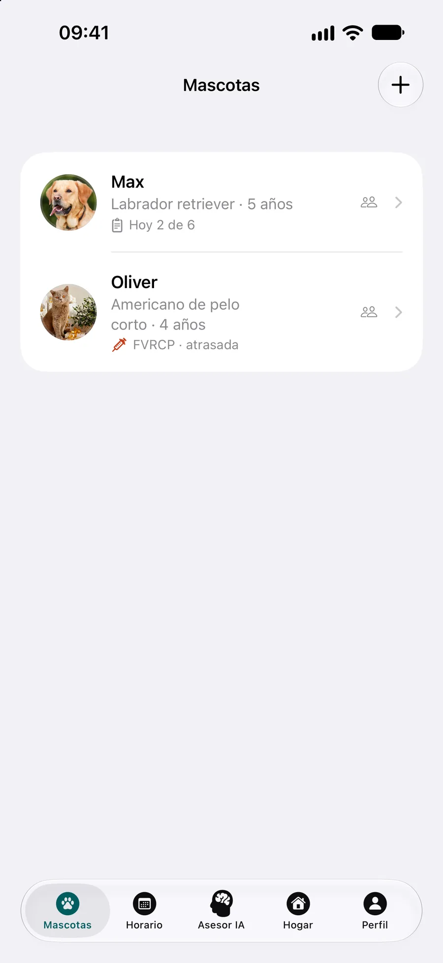 App Pettify: lista de mascotas con la vacuna FVRCP del gato marcada como atrasada