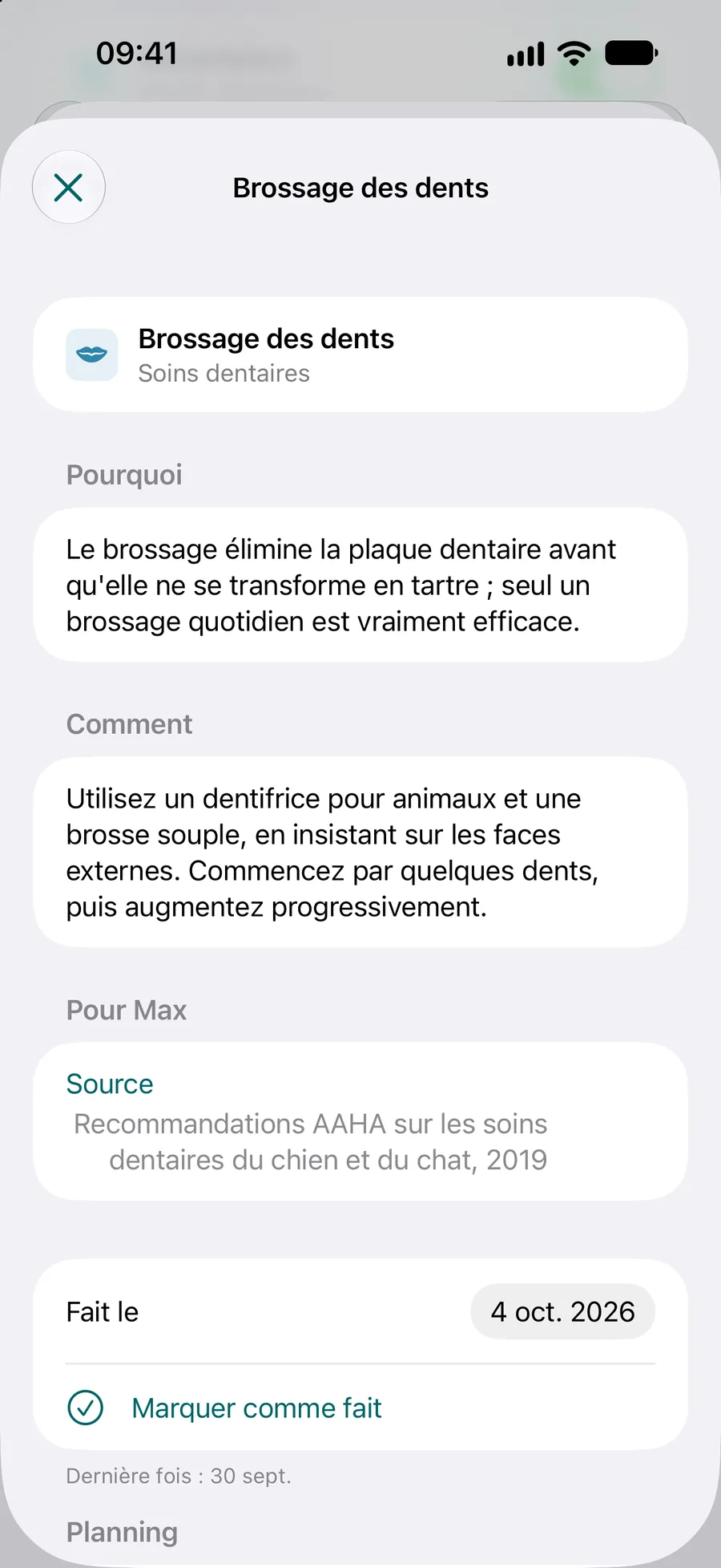 App Pettify : tâche du plan de soins avec le bouton « Marquer comme fait » et son planning