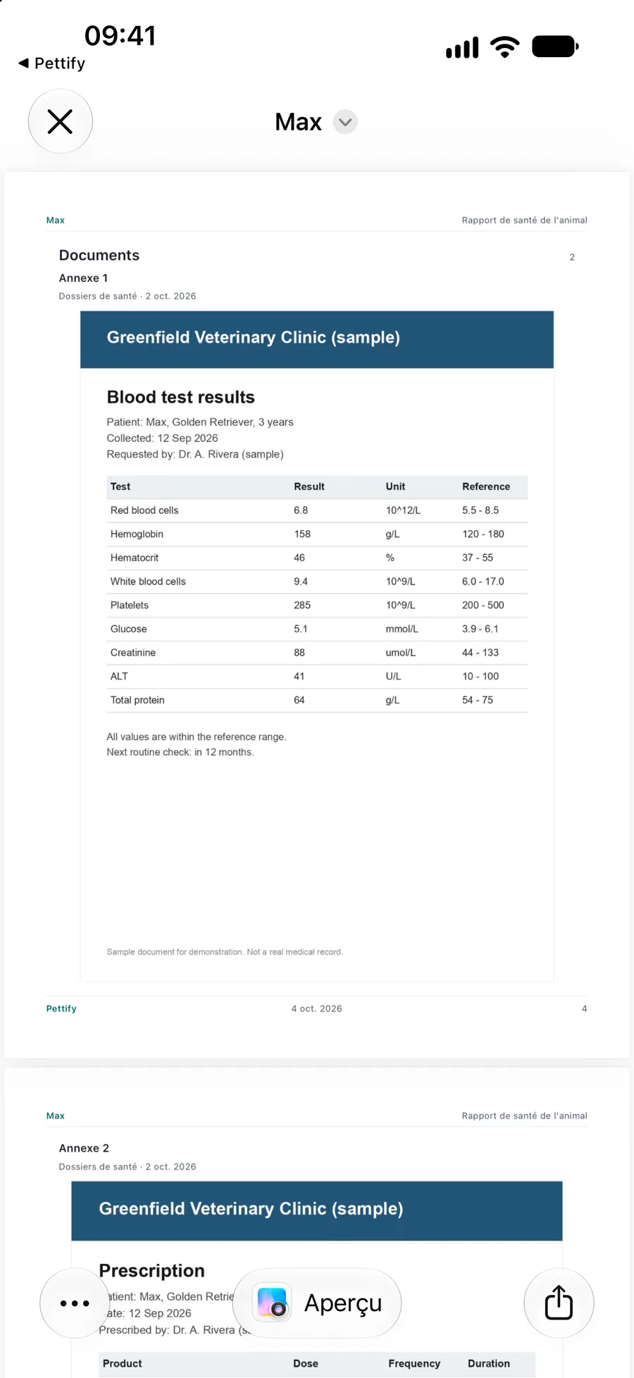 App Pettify : rapport de santé PDF avec une analyse de sang jointe imprimée à l’intérieur