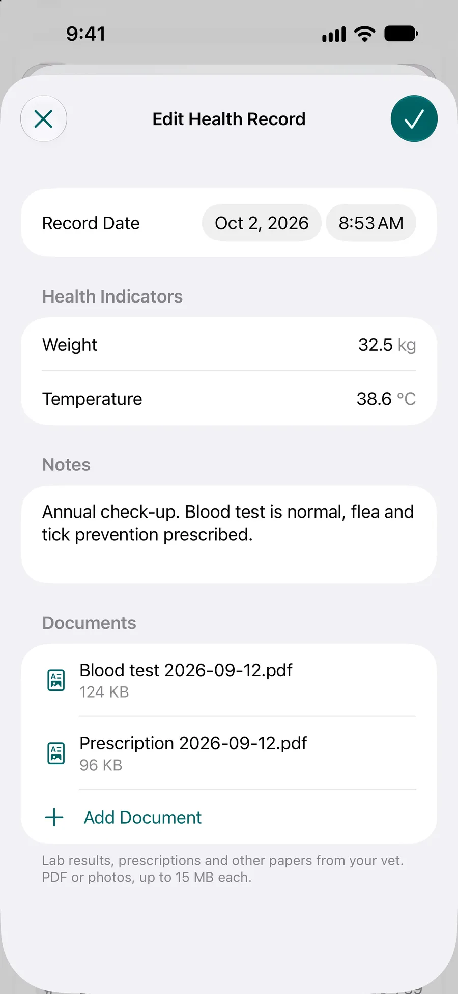 App Pettify: scheda sanitaria con due documenti PDF allegati