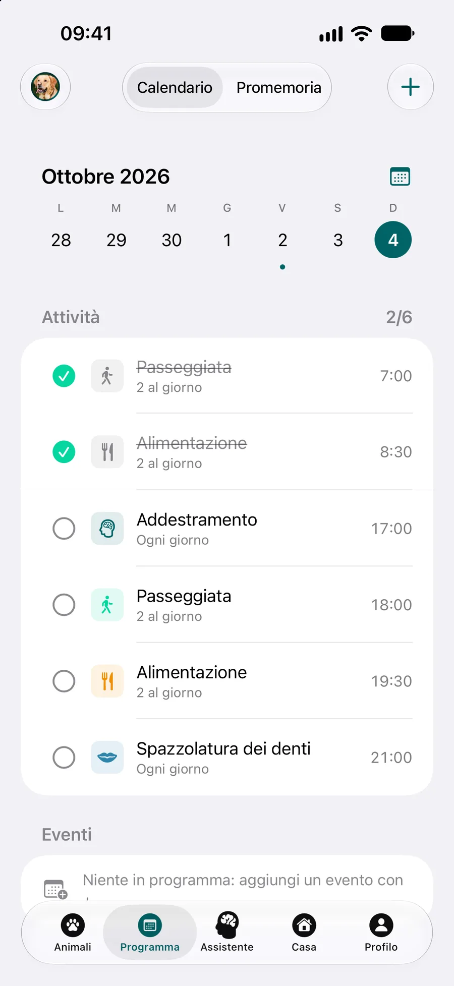 App Pettify: calendario con le attività di cura del giorno e i loro orari