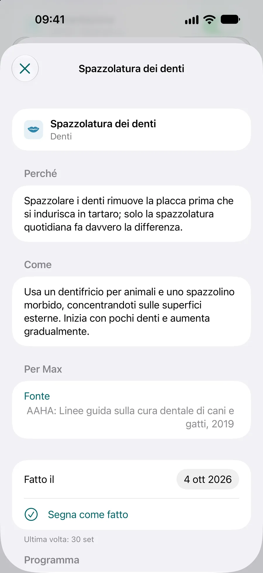App Pettify: attività del piano di cura con il pulsante Segna come fatto e il suo programma