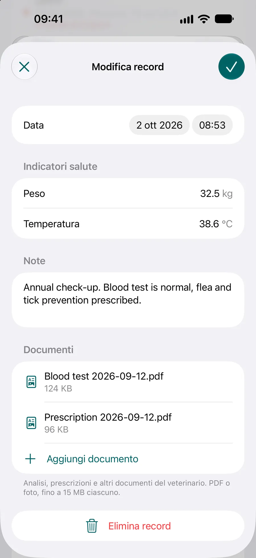 App Pettify: scheda sanitaria con peso, temperatura, una nota e due documenti PDF allegati