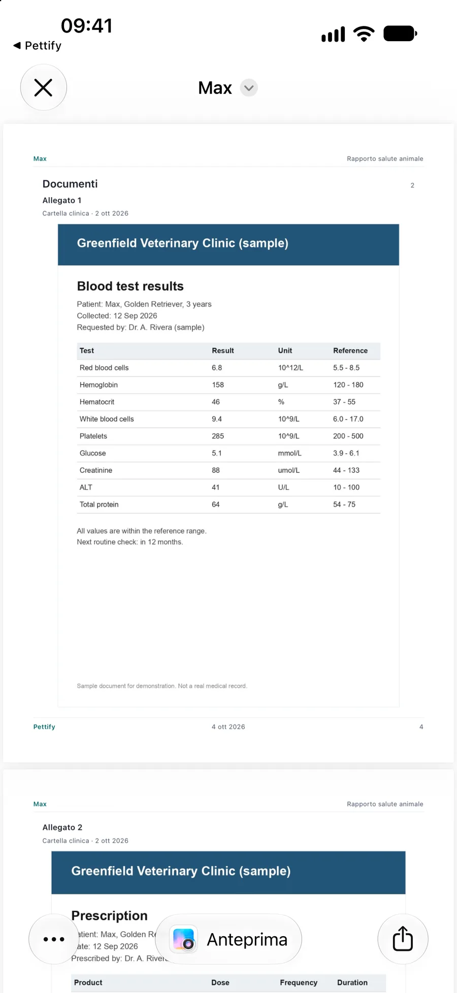 App Pettify: report sanitario in PDF con un esame del sangue allegato stampato all’interno