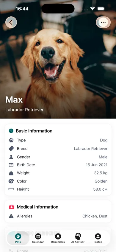 Pettify app - Pet profile with detailed information