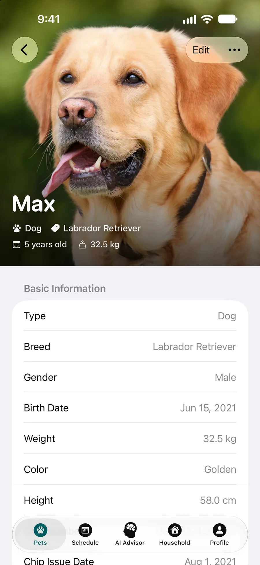 Pettify app - Profile of Max, a five-year-old Labrador Retriever weighing 32.5 kg