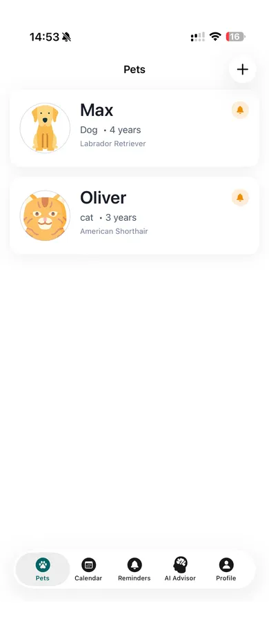 Pettify app - Pets screen showing Max and Oliver