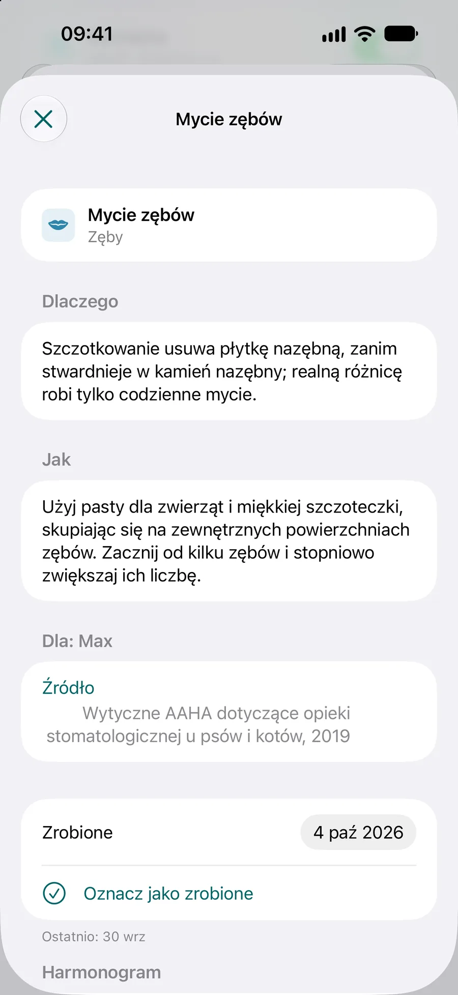 Aplikacja Pettify – zadanie z planu opieki z przyciskiem „Oznacz jako zrobione” i harmonogramem