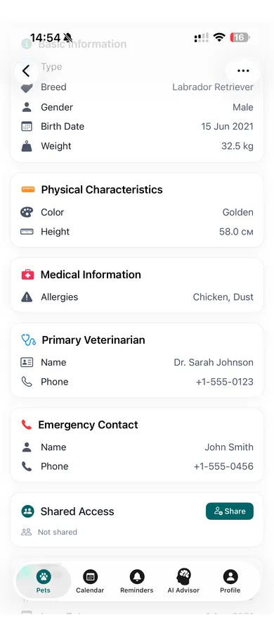 Pettify app - Pet profile with detailed information