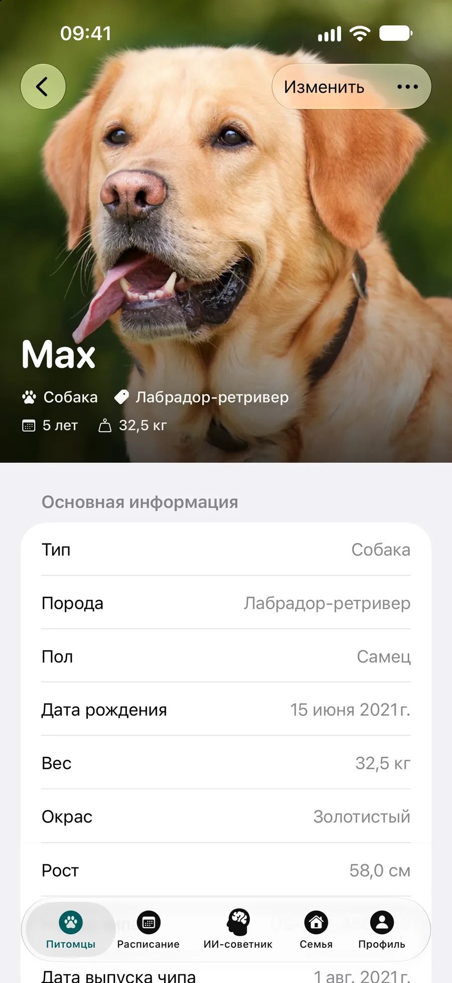 Приложение Pettify — профиль Макса, лабрадора-ретривера, с основной информацией