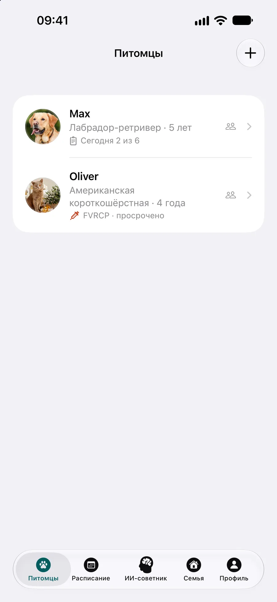 Приложение Pettify — список питомцев, у кота прививка FVRCP отмечена как просроченная
