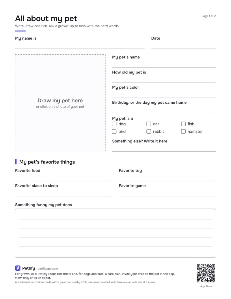 Page 1 of the All about my pet worksheet: fields for my name and the date, a dashed box to draw my pet beside its name, age, color, birthday and tick boxes for the kind of pet, then favorite things and a box for something funny