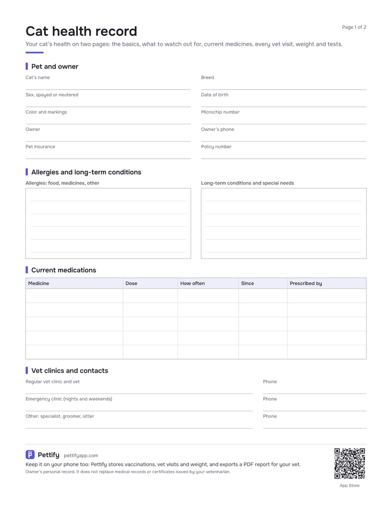 Page 1 of the cat health record: cat and owner details, boxes for allergies and long-term conditions, a current medications table and vet clinic contacts
