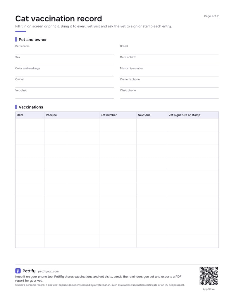 Page 1 of the cat vaccination record: cat and owner details, then a vaccination table with date, vaccine, lot number, next due date and a box for the vet’s signature