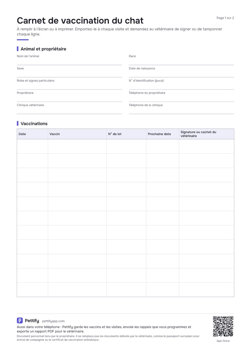 Page 1 du carnet de vaccination du chat : informations sur le chat et le propriétaire, puis un tableau des vaccins avec date, vaccin, numéro de lot, prochaine date et case pour le cachet du vétérinaire
