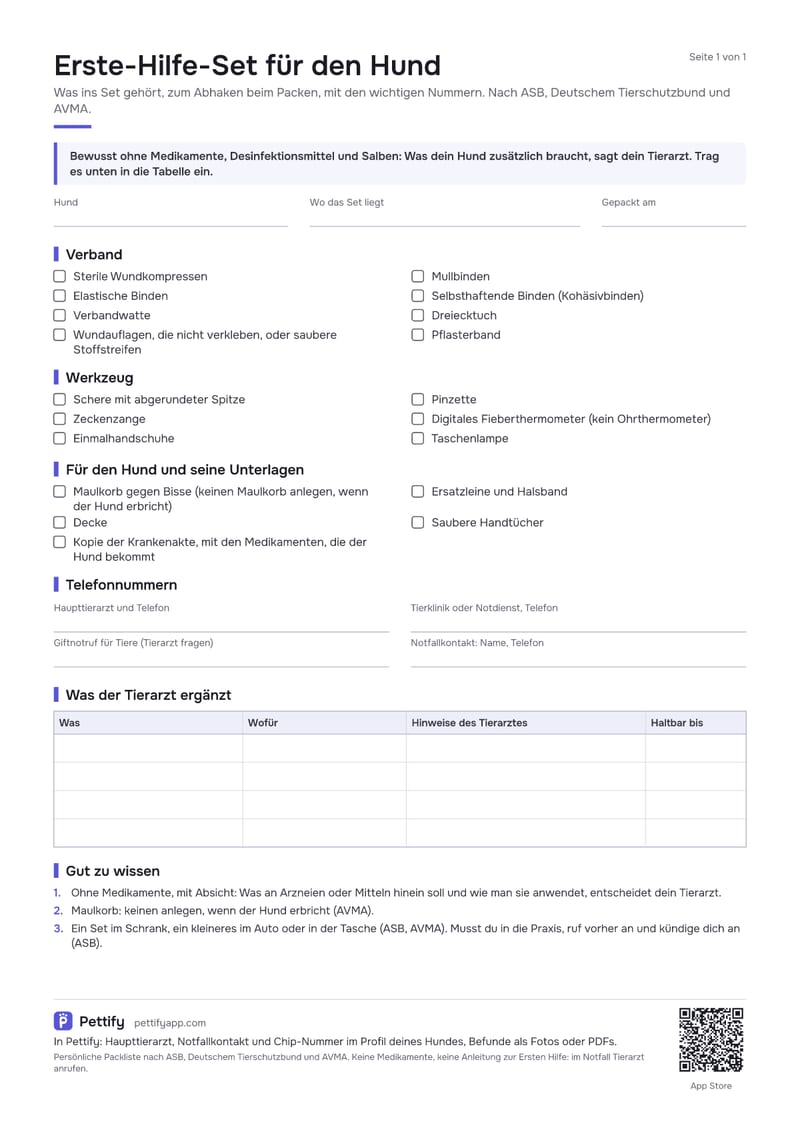 Seite 1 der Checkliste Erste-Hilfe-Set Hund: Hinweis ohne Medikamente, Name des Hundes und Ort des Sets, Kästchen für Verband, Werkzeug und für den Hund, dann Felder für Tierarzt, Tierklinik und Giftnotruf
