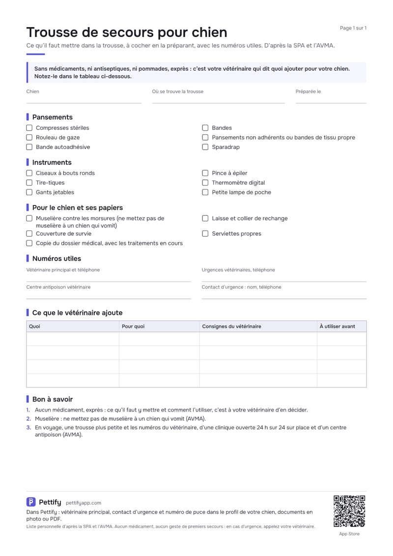 Page 1 de la liste de la trousse de secours pour chien : une note « sans médicaments », le nom du chien et le lieu de la trousse, des cases pour les pansements, les instruments et le chien, puis les numéros du vétérinaire, des urgences et du centre antipoison