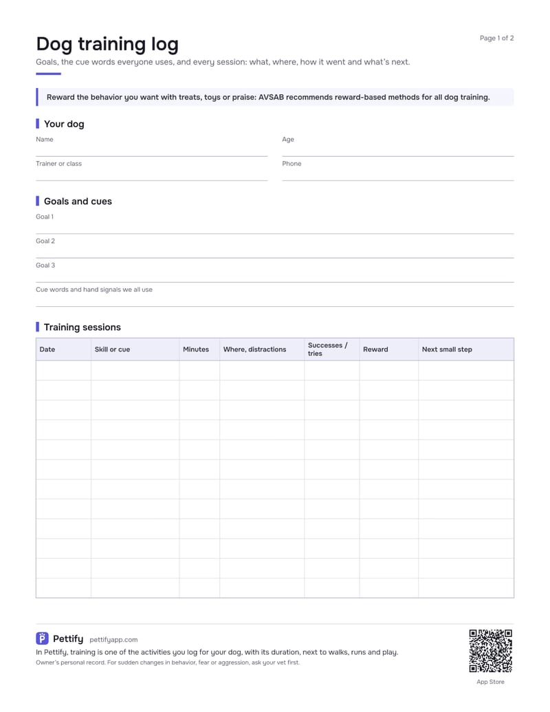 Page 1 of the dog training log: the dog’s details and trainer, lines for goals and shared cue words, and a session log with date, skill or cue, minutes, place and distractions, tries and successes, reward and next step