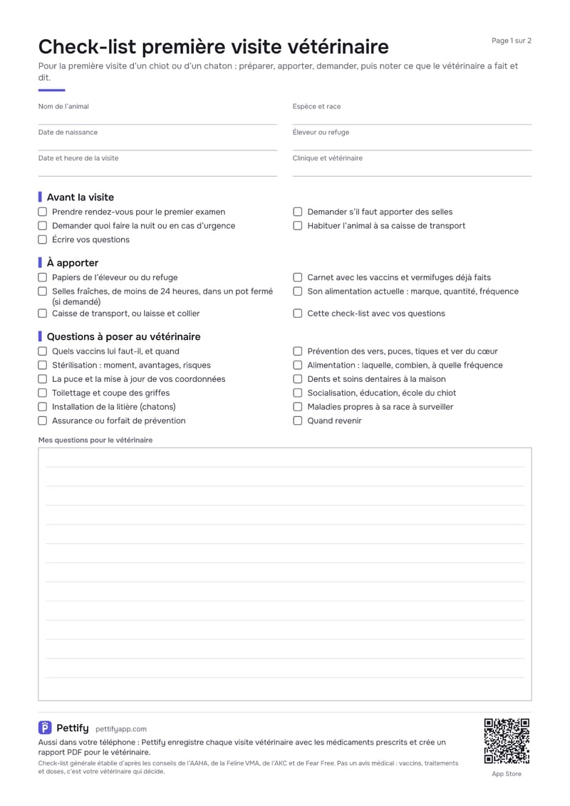 Page 1 de la check-list de la première visite chez le vétérinaire : champs pour l’animal et le rendez-vous, cases à cocher pour la préparation, les choses à apporter et les sujets à aborder, et un cadre pour vos questions