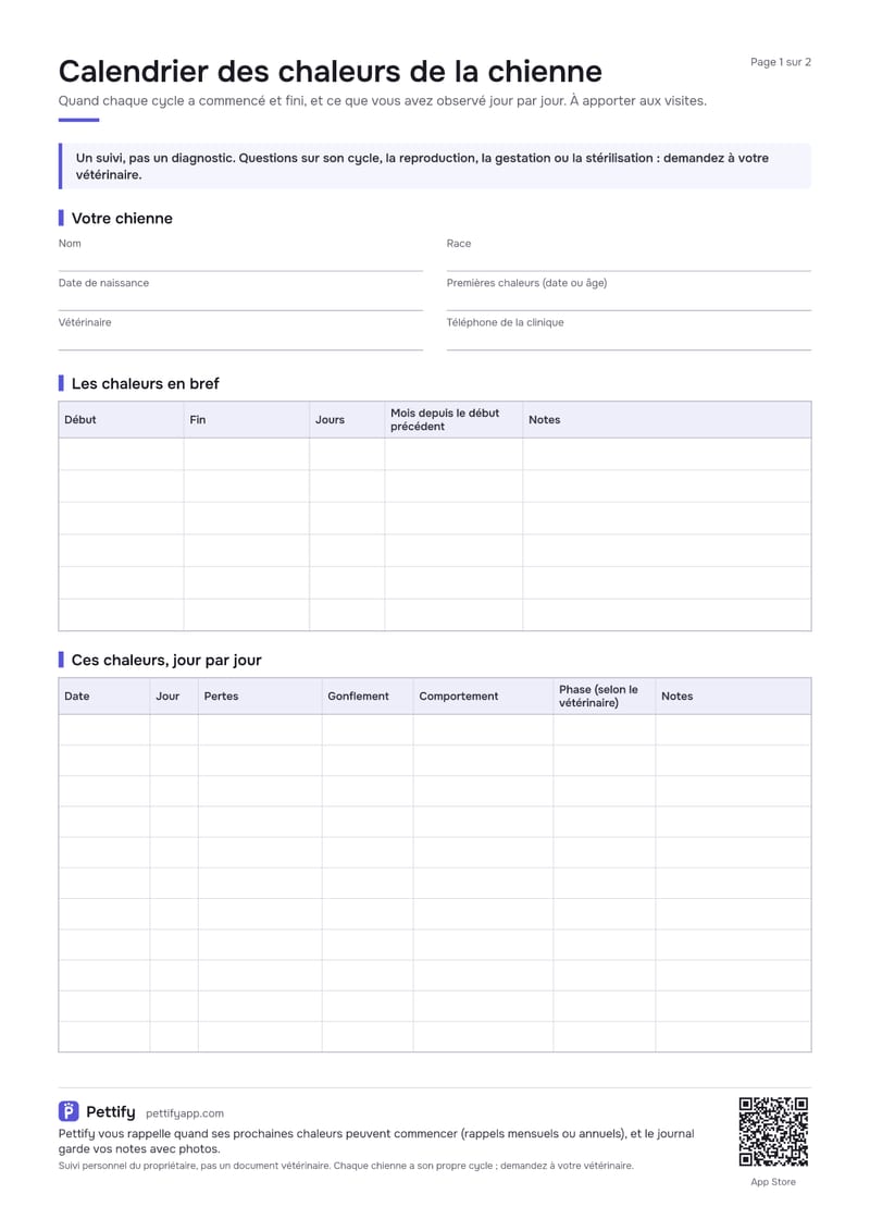 Page 1 du calendrier des chaleurs : une note invitant à consulter le vétérinaire, les informations sur la chienne, un tableau des chaleurs avec début, fin, jours et mois depuis les précédentes, et un suivi jour par jour