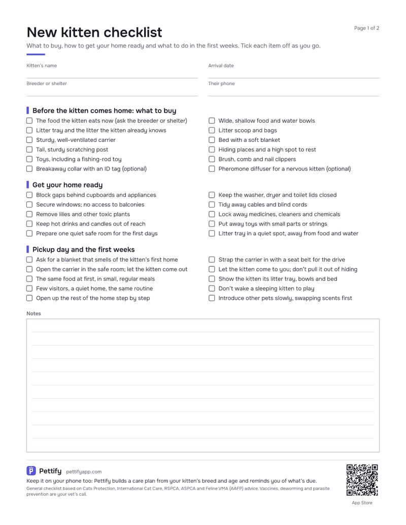 Page 1 of the new kitten checklist: fields for the kitten’s name, arrival date and breeder, then tick boxes for supplies, kitten-proofing and the first weeks