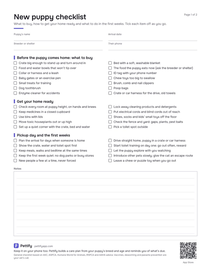 Page 1 of the new puppy checklist: fields for the puppy’s name, arrival date and breeder, then tick boxes for supplies, puppy-proofing and the first weeks