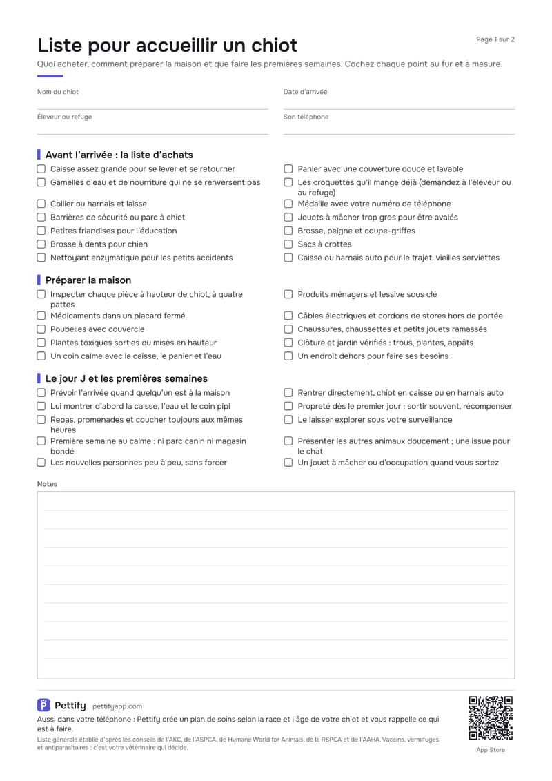 Page 1 de la liste pour accueillir un chiot : champs pour le nom, la date d’arrivée et l’éleveur, puis cases à cocher pour les achats, la maison et les premières semaines