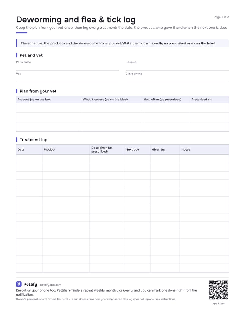 Page 1 of the deworming and flea and tick log: a note that the schedule comes from your vet, pet and vet details, a plan table and a treatment log with date, product, dose, next due, given by and notes