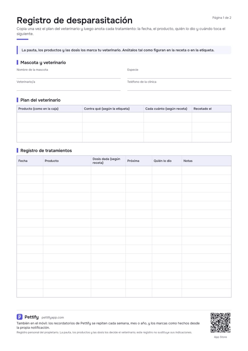 Página 1 del registro de desparasitación: aviso de que la pauta la marca el veterinario, datos de la mascota y del veterinario, una tabla para el plan y un registro con fecha, producto, dosis, próxima, quién lo dio y notas