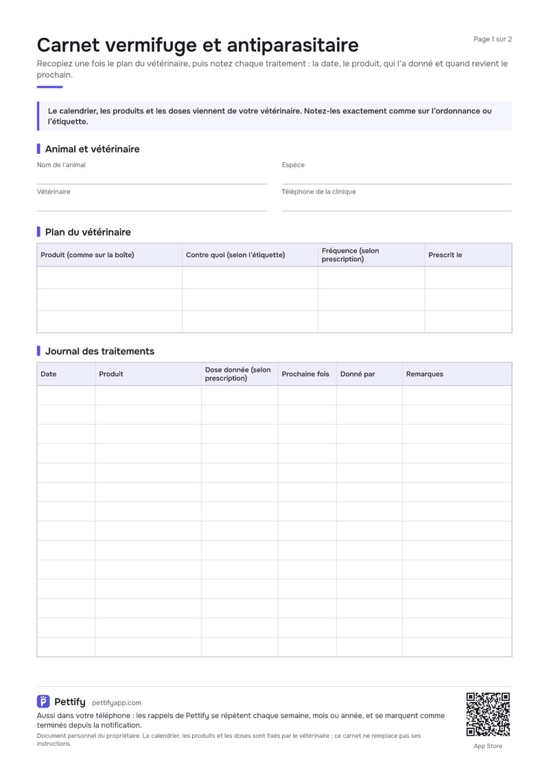 Page 1 du carnet vermifuge et antiparasitaire : rappel que le calendrier vient du vétérinaire, informations sur l’animal et le vétérinaire, un tableau pour le plan et un journal avec date, produit, dose, prochaine fois, donné par et remarques