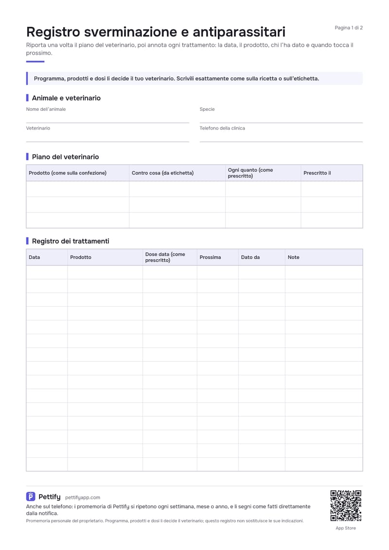 Pagina 1 del registro di sverminazione e antiparassitari: avviso che il programma lo decide il veterinario, dati dell’animale e del veterinario, una tabella per il piano e un registro con data, prodotto, dose, prossima scadenza, dato da e note