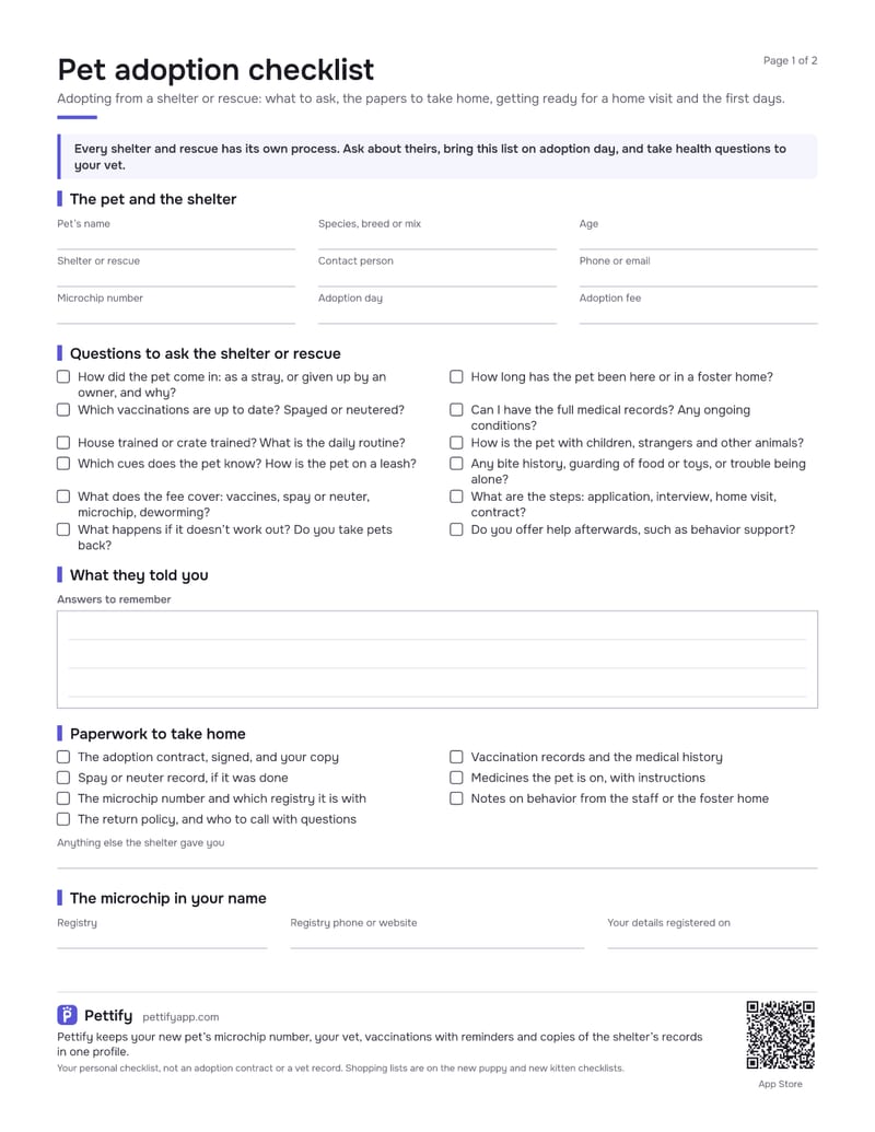 Page 1 of the pet adoption checklist: fields for the pet, the shelter, the microchip and the fee, twelve questions to ask with tick boxes, a box for the answers and the paperwork to take home