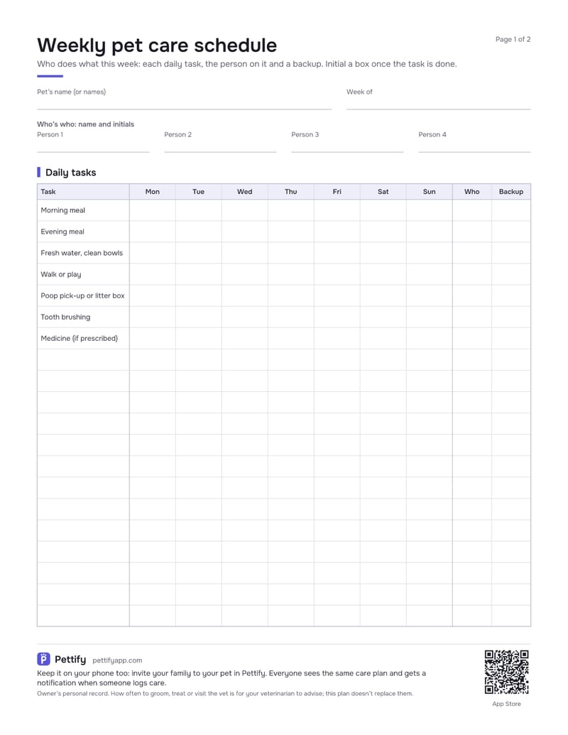 Page 1 of the weekly pet care schedule: fields for the pets and the week, who’s who with initials, and a grid of daily tasks by day with Who and Backup columns