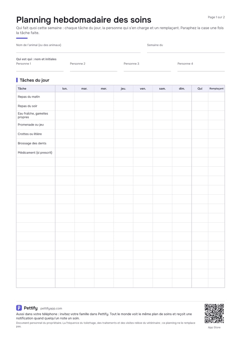 Page 1 du planning hebdomadaire des soins : champs pour les animaux et la semaine, qui est qui avec les initiales, et une grille des tâches du jour par jour avec les colonnes Qui et Remplaçant
