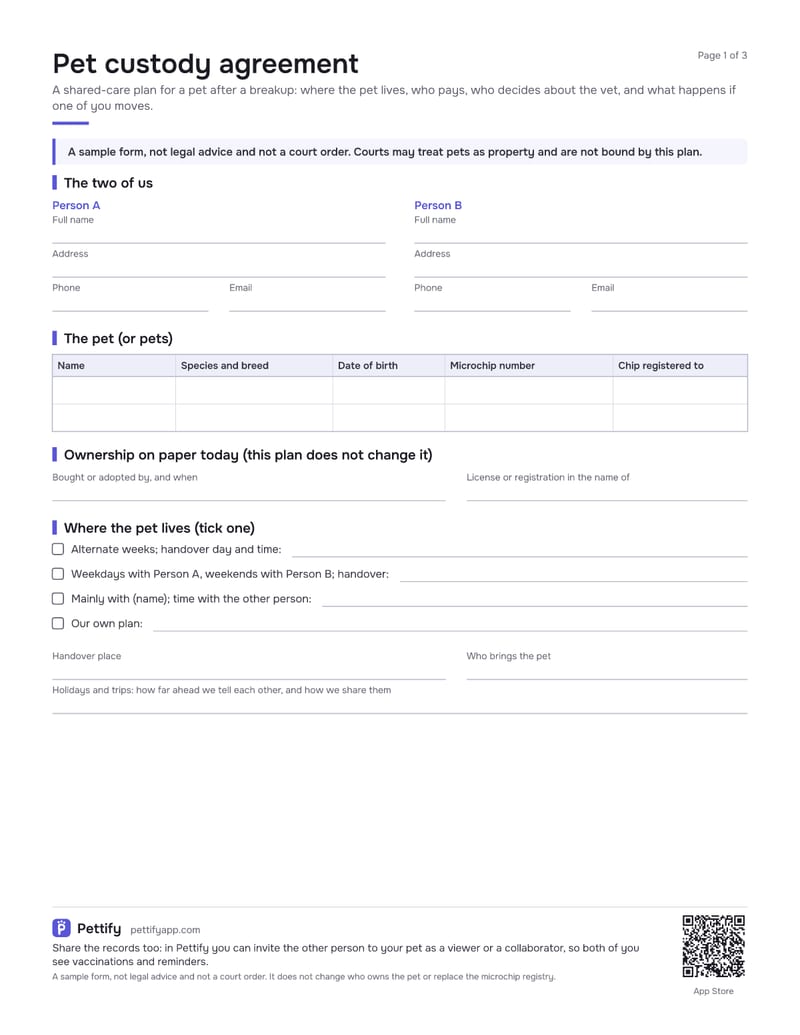 Page 1 of the pet custody agreement: Person A and Person B side by side, a table for the pets with microchip numbers, who owns the pet on paper, schedule options and a cost-sharing table