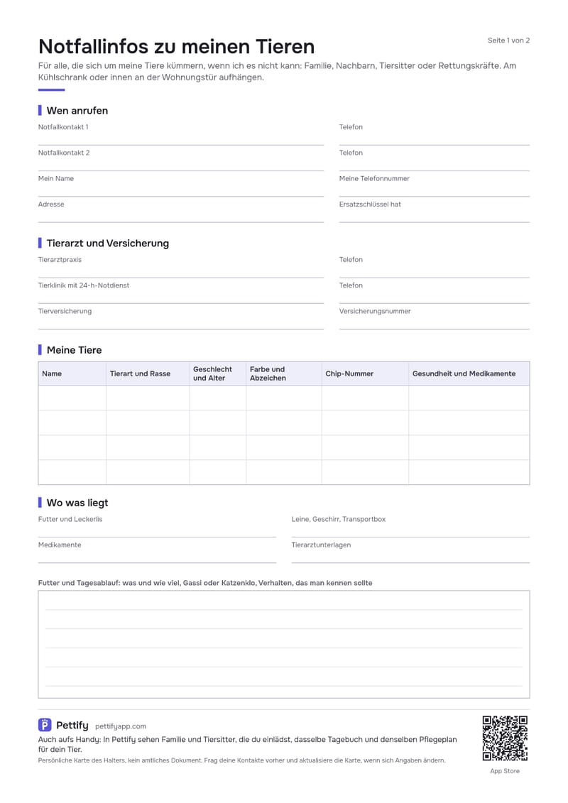 Seite 1 der Notfallkarte: Felder für zwei Notfallkontakte, Halter, Adresse und Tierarzt, eine Tabelle für bis zu vier Tiere und wo Futter, Leine und Medikamente liegen