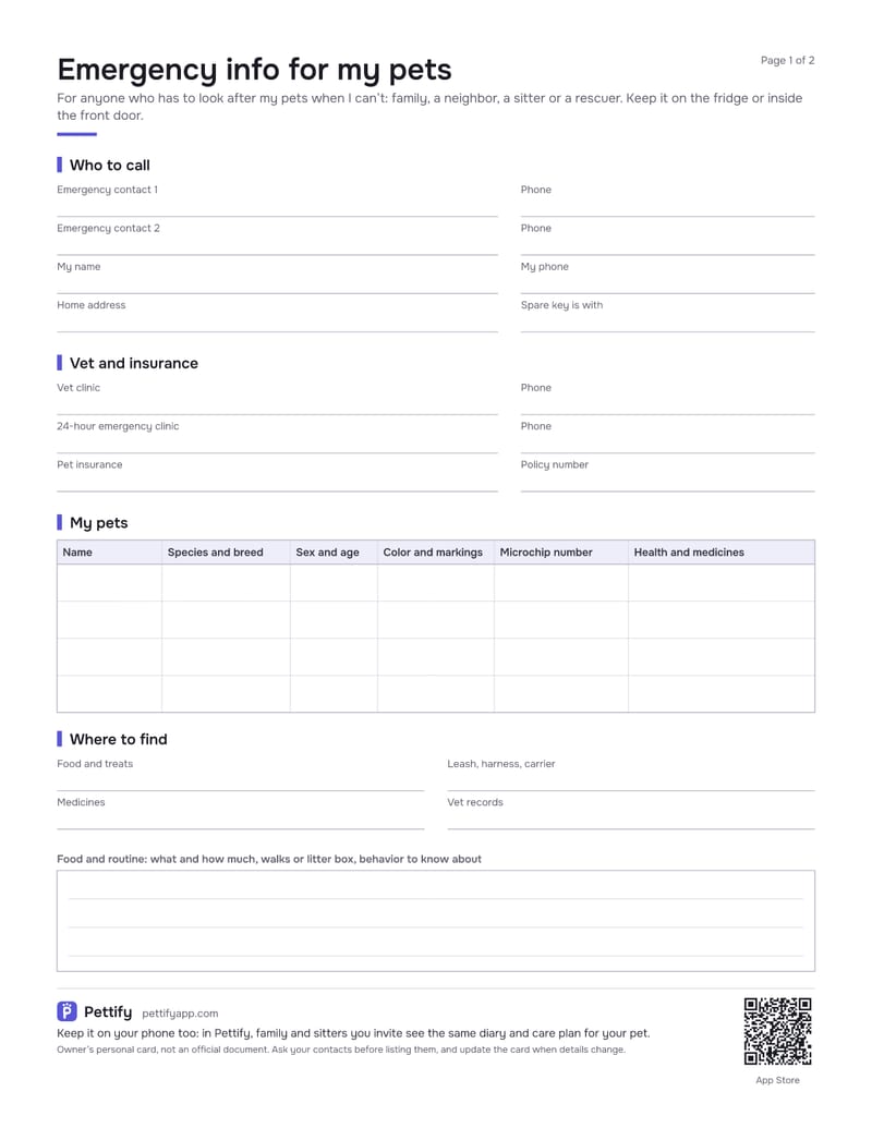 Page 1 of the pet emergency card: fields for two emergency contacts, the owner, the address and the vet, a table for up to four pets and where to find food, leash and medicines