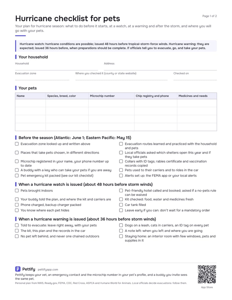 Page 1 of the hurricane checklist for pets: what a watch and a warning mean, the household and evacuation zone, a table of pets with microchip numbers, and tick boxes for before the season and for a hurricane watch